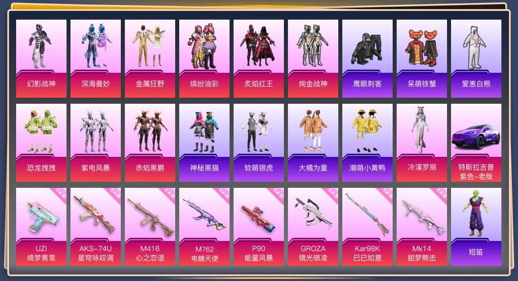 和平精英账号安卓QQ1载具 8升级枪 10粉装 2飞行器 244枪皮 201套装 82692热力 13印记 星钻 特斯拉Model X(奇幻紫) 六级UZI-绮梦青鸾,六级AKS-74U-星穹咏叹调,五级M762-电糖天